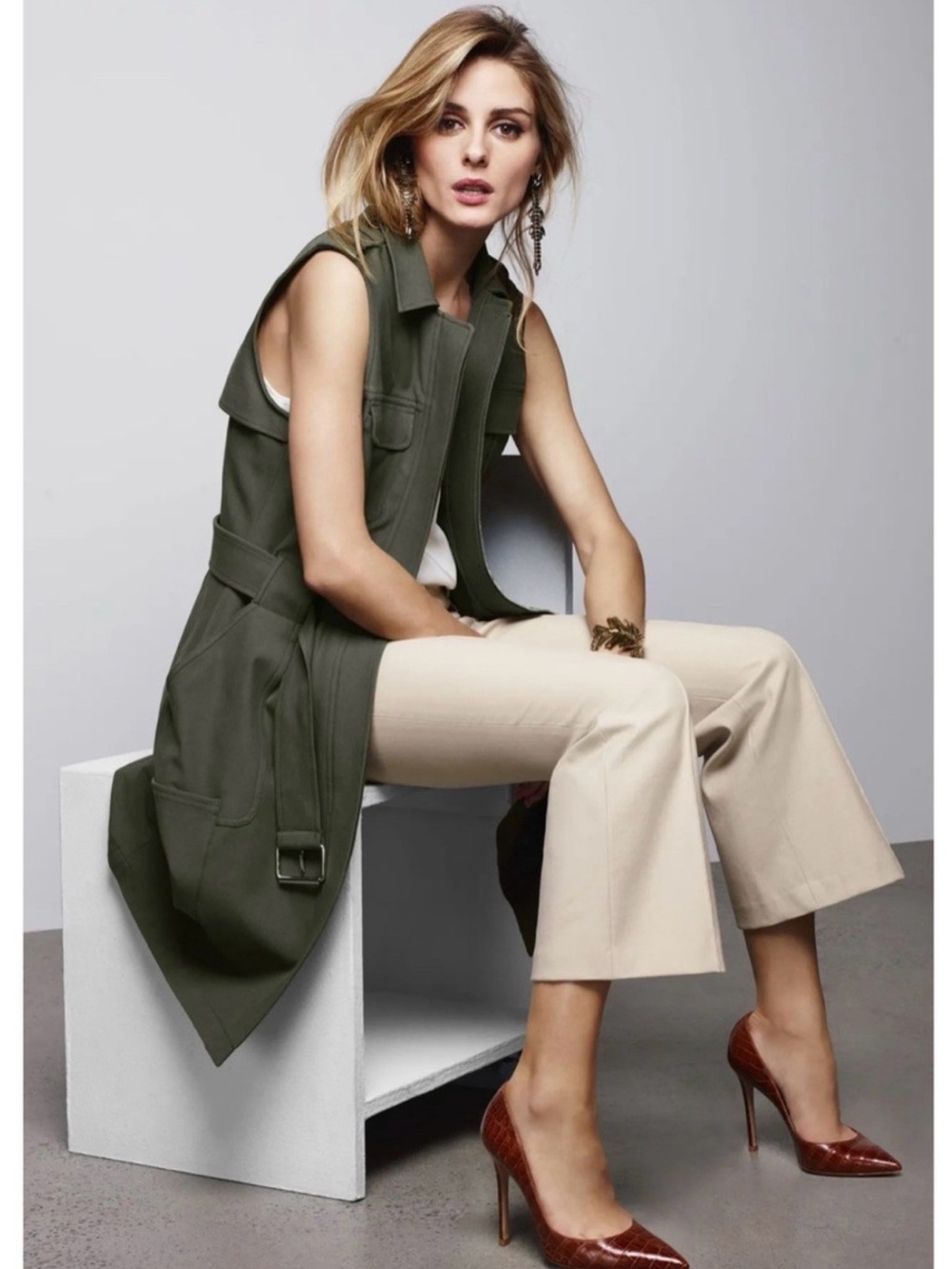 Sleeveless Twill Utility Trench Vest in Olive with Belt